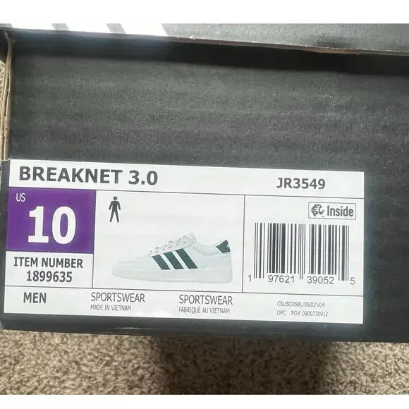 NWT ADIDAS Breaknet 3.0 Sneaker, Tennis Shoe, Men's Size 10, White/Green - Picture 4 of 9